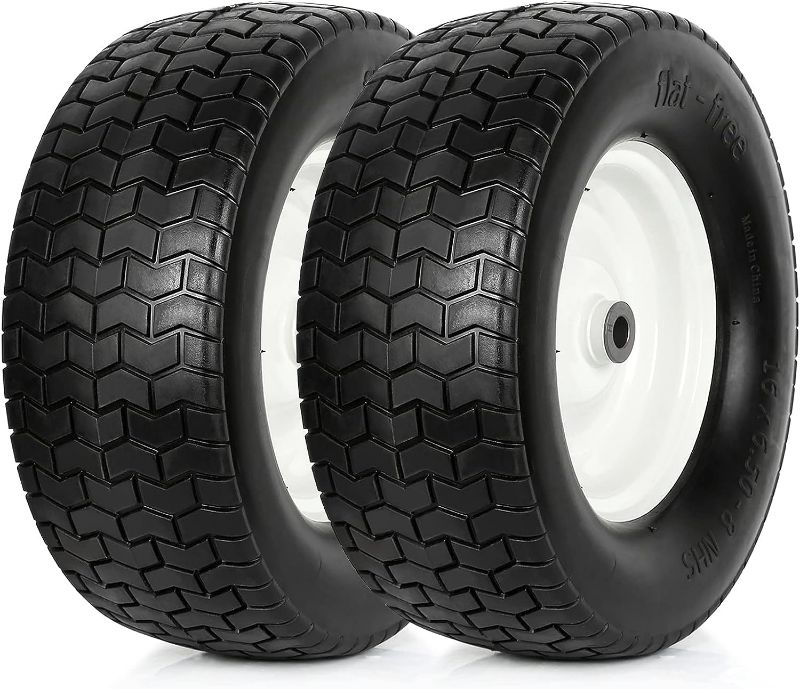 Photo 1 of WEIZE 16x6.50-8 Flat Free Lawn Mower Tires with Rim, 3" Centered Hub, 3/4" Bushing, 16x6.5-8 Tractor Turf Tire, 500lbs Capacity, Set of 2 (Pls Check Hub Length, Bushing/Bearing Size Before Purchasing)