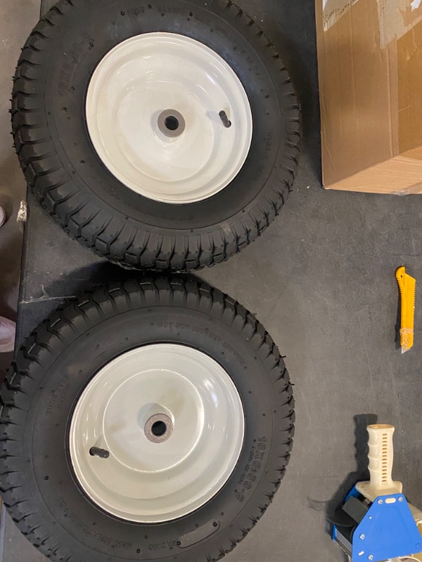 Photo 1 of WEIZE 16x6.50-8 Flat Free Lawn Mower Tires with Rim, 3" Centered Hub, 3/4" Bushing, 16x6.5-8 Tractor Turf Tire, 500lbs Capacity, Set of 2 (Pls Check Hub Length, Bushing/Bearing Size Before Purchasing)