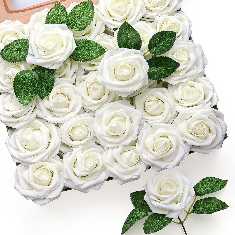 Photo 1 of  50Pcs Artificial Flowers Rose, Ivory White Fake Roses for Decorations, Real Looking Foam Rose Bulk with Stems for DIY Wedding Bouquets Bridal Shower Mothers Day Party Home Decor