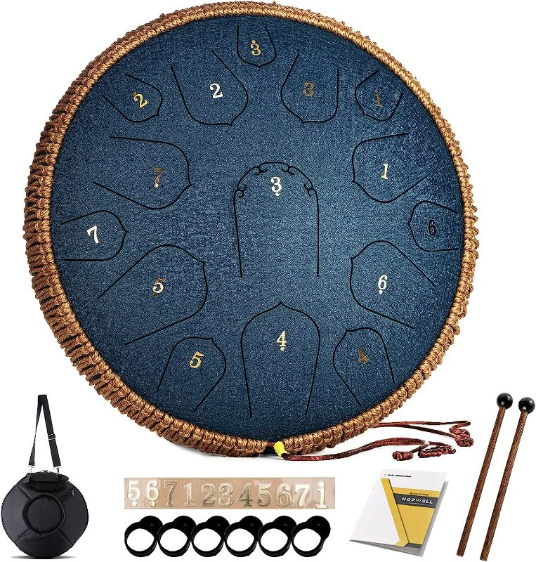 Photo 1 of Steel Tongue Drum - HOPWELL 15 Note 14 Inch Tongue Drum Instrument - Hand Pan Drums with Music Book, Steel Handpan Drum Mallets and Carry Bag, D Major (Navy Blue)