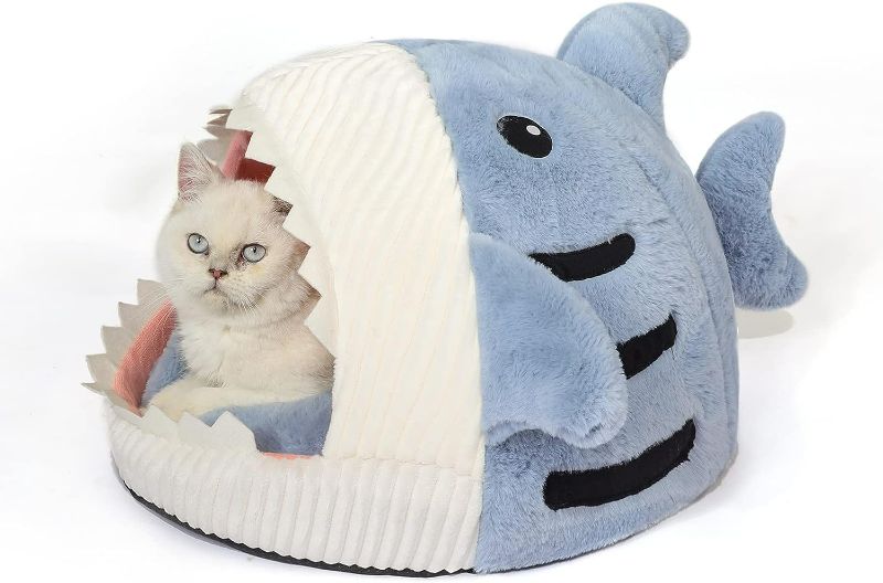 Photo 1 of Jiupety Cute Soft Cat Bed, Indoor Shark-Shaped Warm Cat Cave with Removable Washable Pillow for Cat, Blue, M.