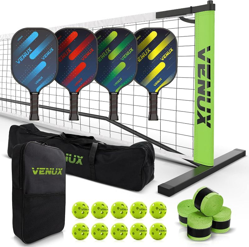 Photo 1 of VENUX Portable Pickleball Set with Net - Professional Pickleball Set of 4 Paddles Fiver-Glass Carbon Graphite Surface 10 Balls, 4 Grips, 1 Net, 1 Carrying & 1 Paddle Bag, PVC Official Regulation Size