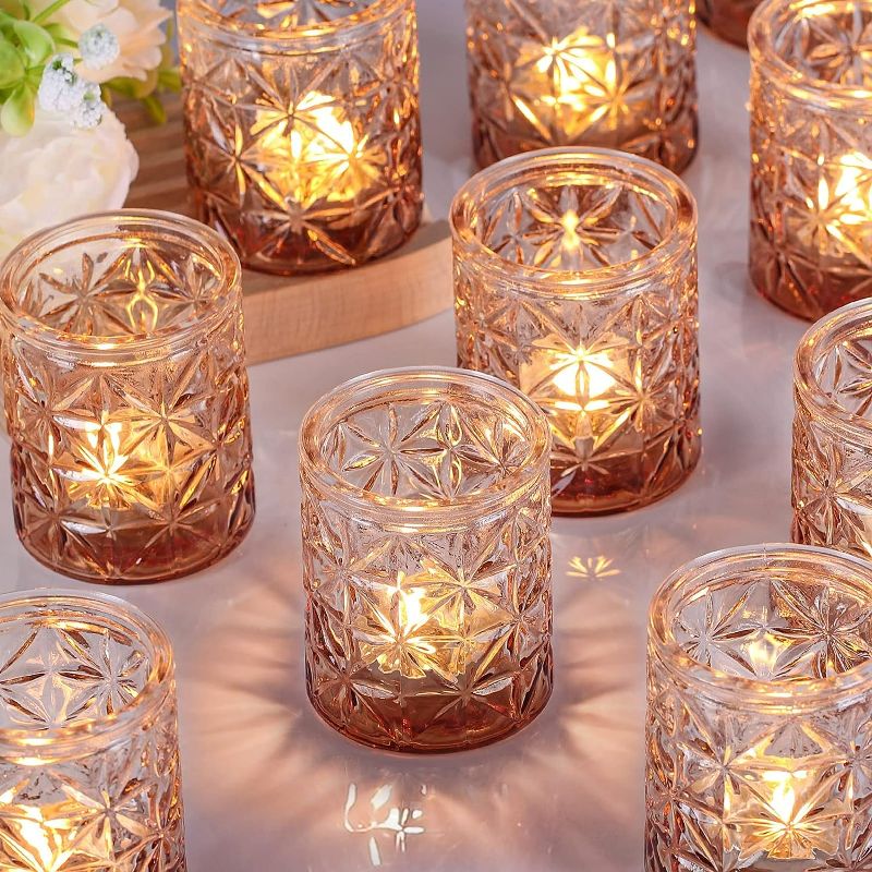 Photo 1 of Sunnyfuture Amber Votive Candle Holders Set of 10, Glass Tealight Candle Holder for Table Centerpiece and Home Decoration