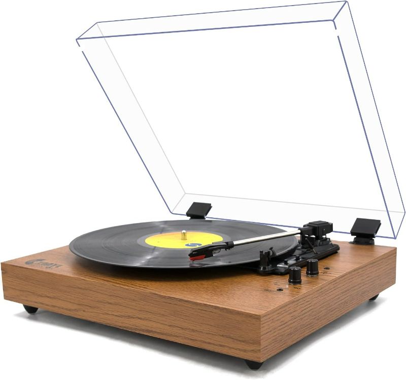 Photo 1 of Vintage Turntable, Bluetooth Record Player, Built-in Dual Stereo Speakers, 3-Speed Belt-Drive Turntable, Record Player with Wireless Playback & Auto-Stop, Yellow Wood