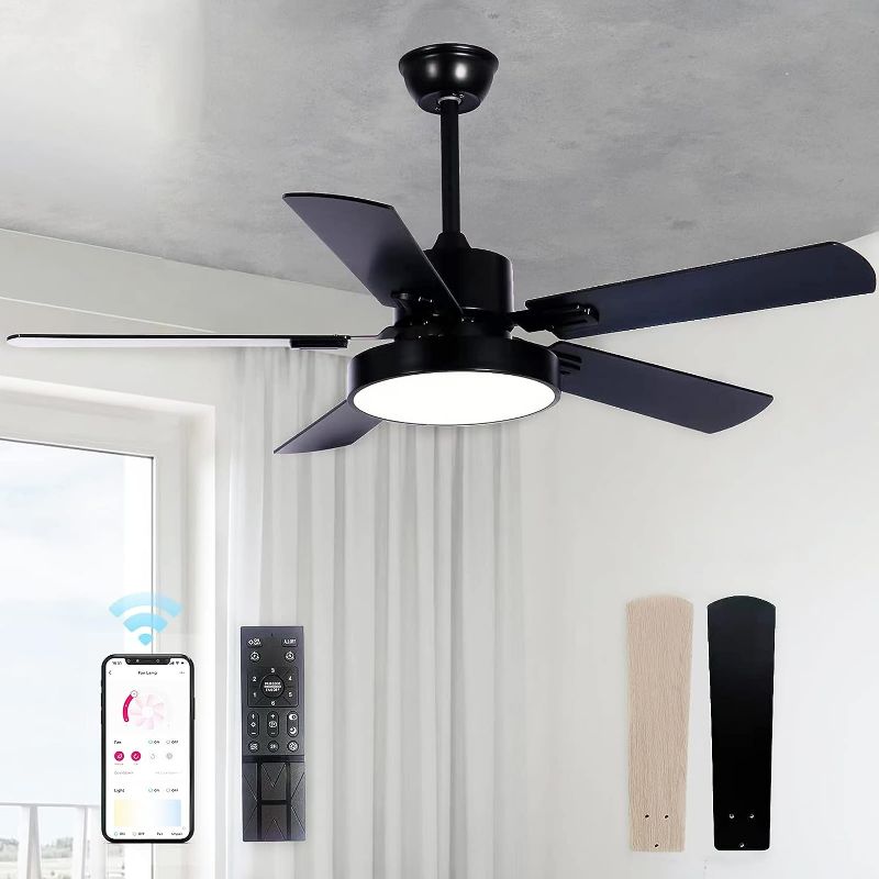 Photo 1 of 52 Inch Ceiling Fans with Lights, Black Modern Low Profile Flush Mount Ceiling Fan with Lights