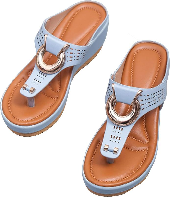 Photo 1 of EEUK Orthopedic Sandals for Women Wide Width, Women Wedge Flip Flops Sandals with Arch Support Summer Comfortable Women Wedge Sandals Peep Toe Slip on Platform Shoes(Size:US 7.5,Color:Sky Blue)