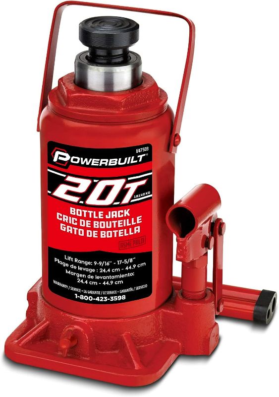 Photo 1 of Powerbuilt 20 Ton Bottle Jack with 9-11/16 inch to 17-5/8 inch lifting range, portable hydraulic car jack with carrying case- Red 647503