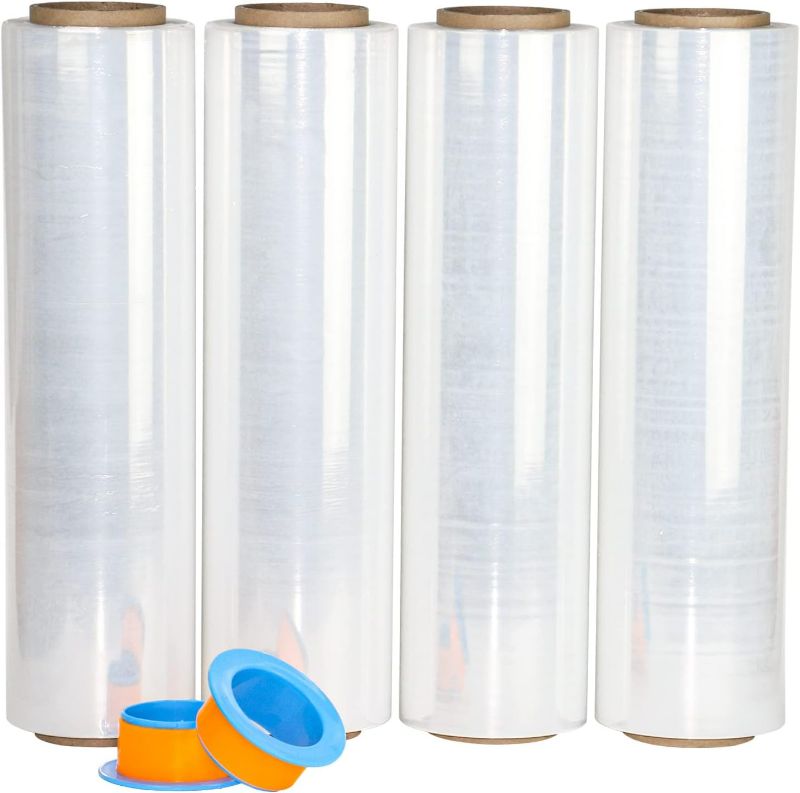 Photo 1 of 4 Pack Clear Stretch Wrap Industrial Strength with Plastic Handle 18" x 1000 Feet 80 Gauge, Plastic Pallet Supplies Durable Self-Adhering for Packing, Moving, Heavy Duty Shrink Film Rolls, 