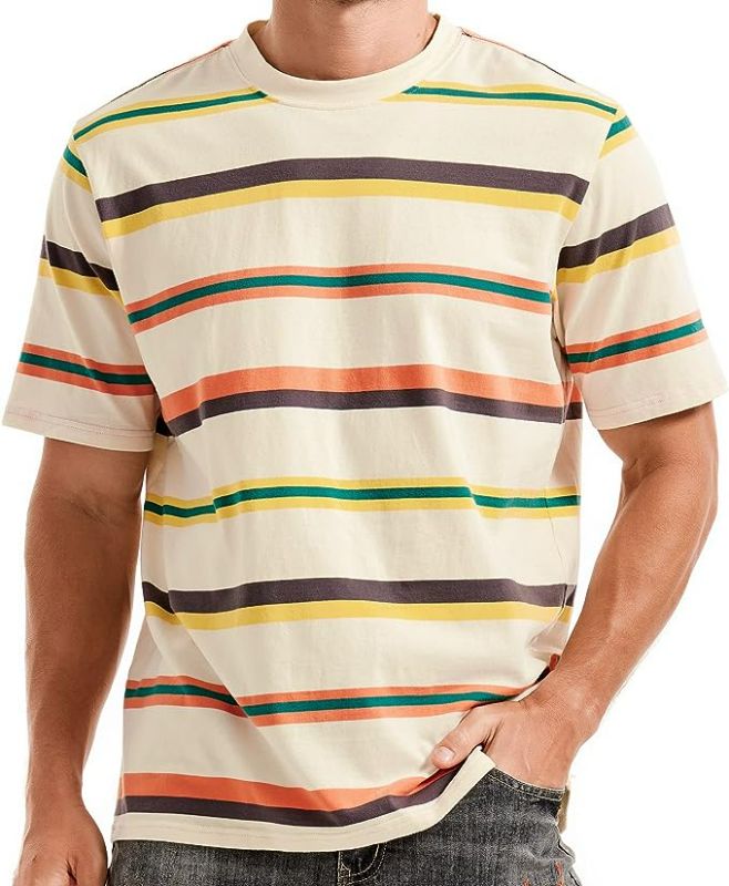 Photo 1 of 
KLIEGOU Men's Fashion Loose Fit Crewneck Stripe T-Shirt( Beige) (XL)