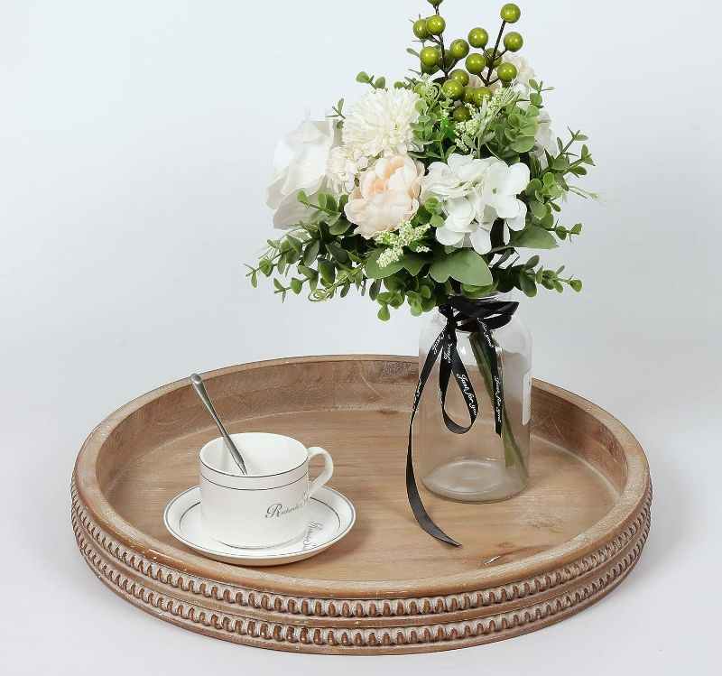 Photo 1 of Carah & Cossh Round Wooden Serving Tray, Whitewashed Round Decorative Wood Tray, Round Farmhouse Rustic Decorative Tray, Perfect for Storage and Display (Brown)
