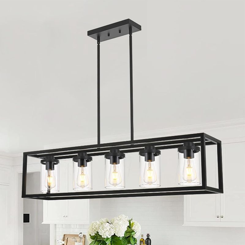 Photo 1 of TULUCE 5-Light Pendant Lighting,Black Kitchen Island Light, Large Farmhouse Dining Room Light Fixtures with Clear Glass Shade Chandelier for Living Room Bedroom Hallway Foyer