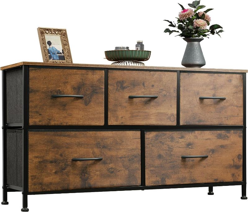 Photo 1 of WLIVE Dresser for Bedroom with 5 Drawers, Long Fabric Dresser, Storage Drawer Unit with Fabric Bins for Closet, Living Room, Hallway, Nursery, Rustic Brown Wood Grain Print, Size L Rustic Brown Wood Grain Print 11.8"D x 39.4"W x 26.6"H