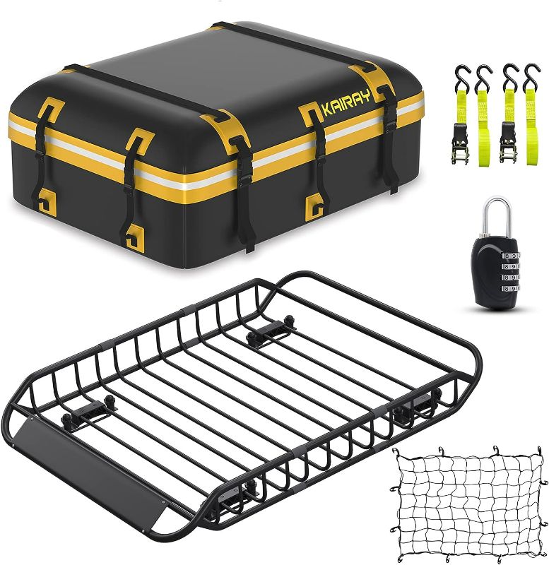 Photo 1 of KAIRAY Roof Rack Cargo Basket 37.7"(L) x 11"(W) x 18"(H) Extendable Universal Rooftop Luggage Carrier for Truck Cars SUV with Waterproof Cargo Bag, Cargo Net, Ratchet Straps & Outdoor Combination Lock