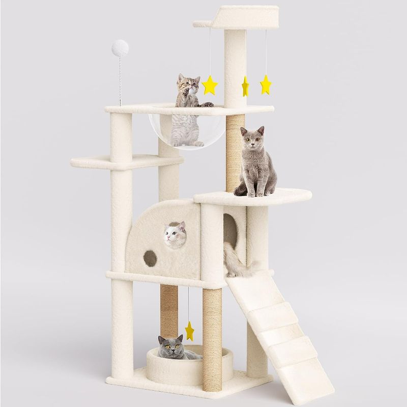 Photo 1 of X XBEN 55in Cat Tree Tower, Multi-Level Cat Condo for Large Cats with Large Space Capsule Nest, Cave, Step Ladder, Scratching Posts, Kitten Furniture Condo Activity Center Play House, Beige