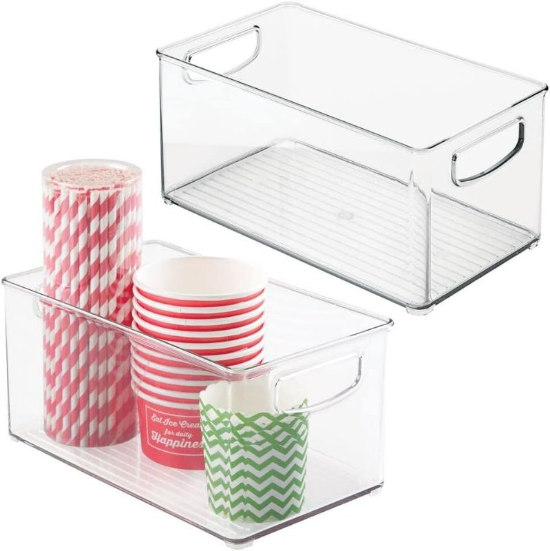 Photo 1 of mDesign Plastic Kitchen Organizer - Storage Holder Bin with Handles for Pantry, Cupboard, Cabinet, Fridge/Freezer, Shelves, Counter - Holds Canned Food, Snacks - Ligne Collection - 2 Pack - Clear