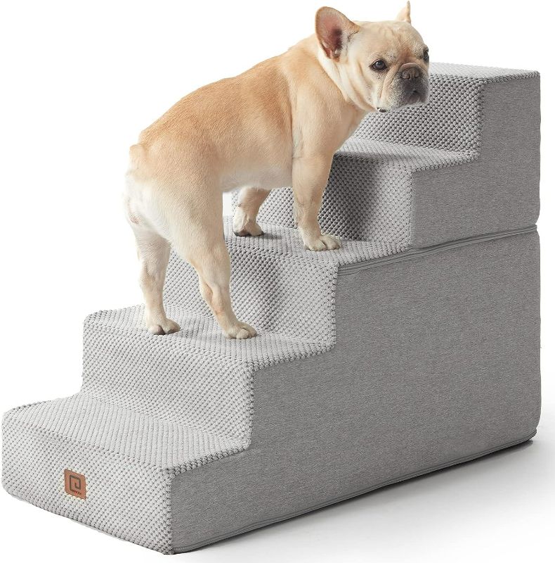 Photo 1 of EHEYCIGA Dog Stairs for Small Dogs, 5-Step Dog Stairs for High Beds and Couch, Pet Steps for Small Dogs and Cats, and High Bed Climbing, Non-Slip Balanced Dog Indoor Step, Light Grey, 3/4/5 Steps