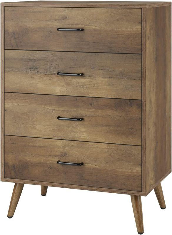 Photo 1 of HITHOS Mid-Century Modern 4 Drawer Dresser, Wood Chest of Drawer with Storage, Storage Organizer with Metal Handles, Storage Cabinet with Metal Legs, Tall Nightstand for Living Room, Rustic Brown