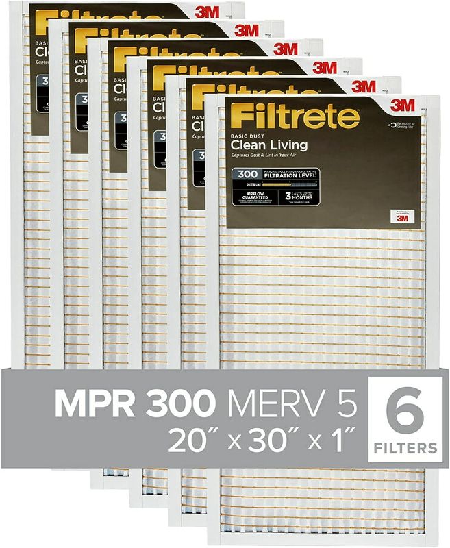 Photo 1 of 3M Filtrete Clean Living Basic Dust AC Furnace Air Filter, MPR 300, 20 x 30 x 1-Inches, 6-Pack