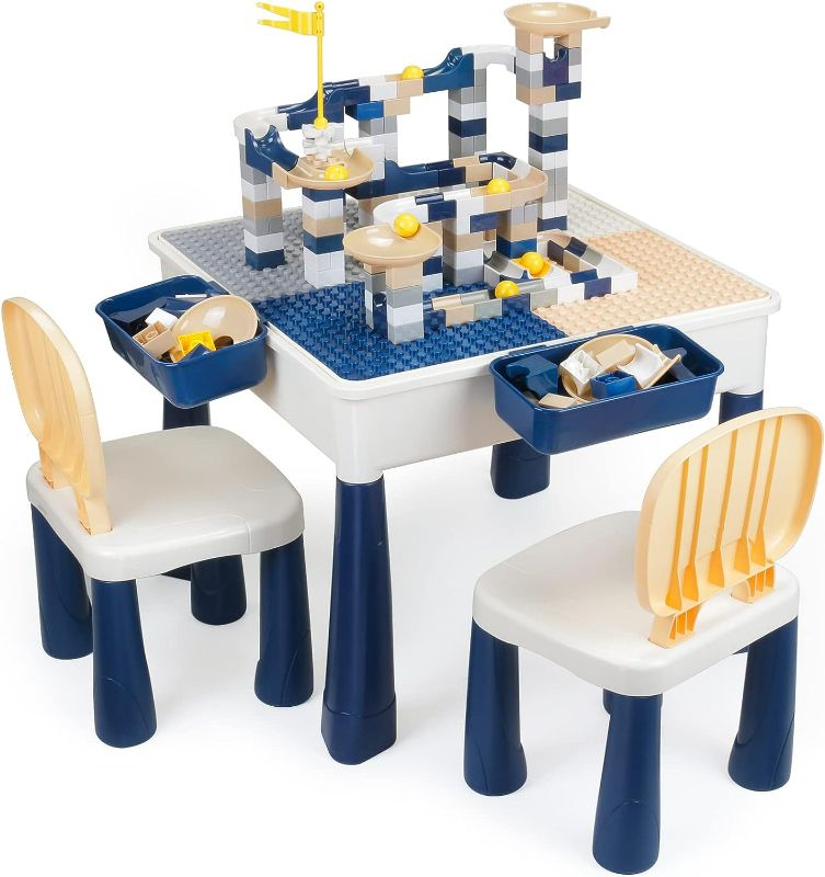 Photo 1 of GobiDex All-in-One Kids Table and Chairs Set with 100PCS Marble Run Preschool Classroom Must Haves Multi Activity Toddler Table Kids Building Blocks Toys for Kids Ages 3+