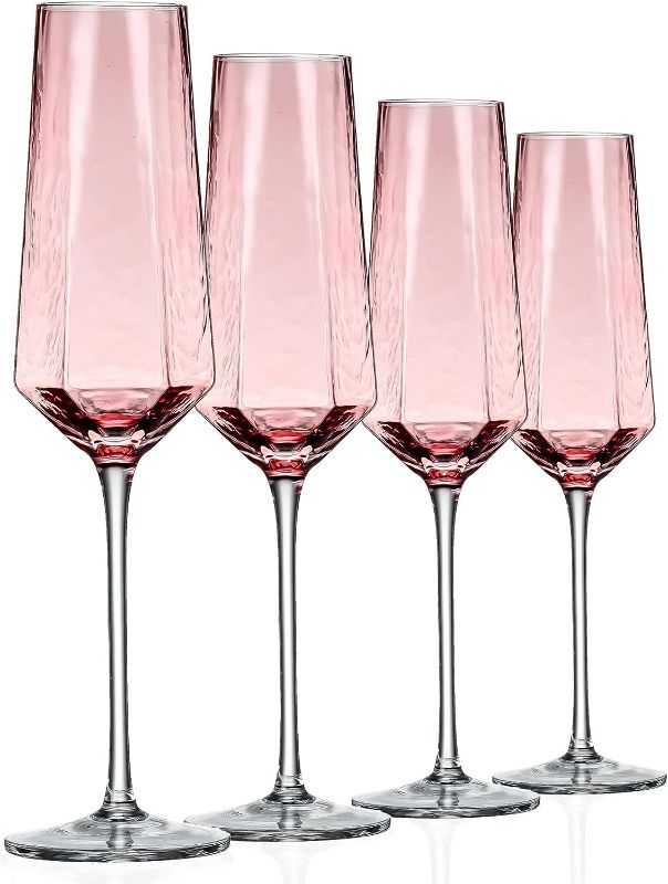 Photo 1 of Ziixon Crystal Champagne Flutes 8Oz Pink Wedding Champagne Glasses Classy Champagne Flutes Elegant Flutes Set of 4 for Wedding Anniversary Christmas (Pink)