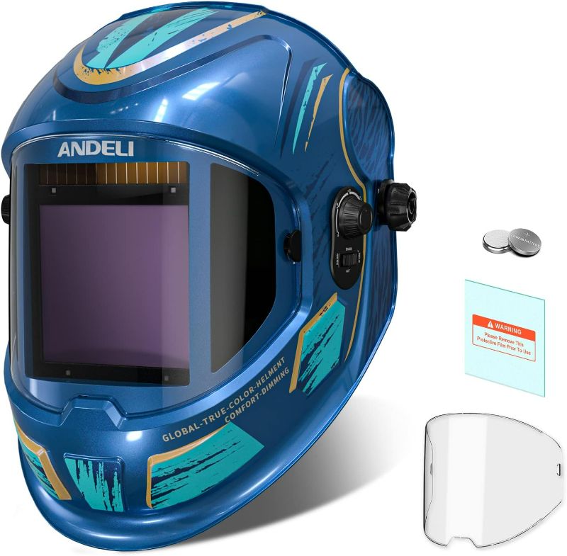 Photo 2 of ANDELI Welding Helmet,Welding Hood Auto Darkening with Large Viewing Screen 3.94"X3.74",4 Arc Sensor Clear Vision True Color Welding Mask,Comfortable Lightweight Welder Helmet(Star Blue)