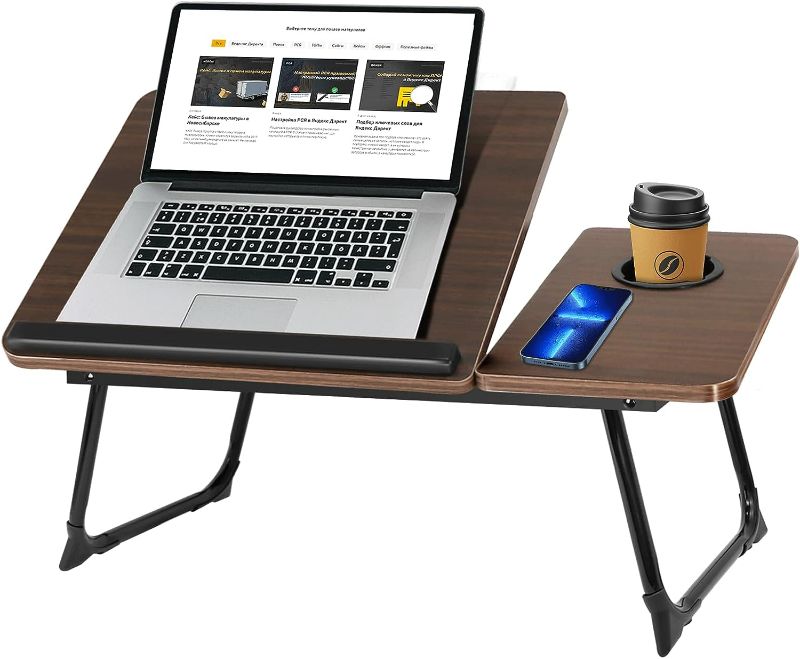 Photo 1 of Laptop Desk for Bed, Bed Table for Laptop, Laptop Stand for Desk, Folding Laptop Lap Desk with 5 Adjustable Angles, Bed Tray with Cup Holder, TV Tray Table for Eating Reading Working on Bed Couch Sofa