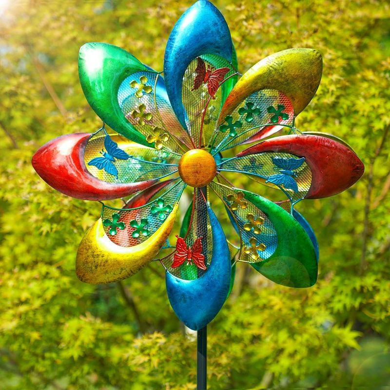 Photo 1 of Sowsun Extra Large Wind Spinner Outdoor Metal Yard Sculpture, 24" Dia 71" Tall Garden Spinner with Colorful Flower Blades, Dual Rotors Wind Sculpture for Outdoor, Patio, Yard Art, Garden Decoration