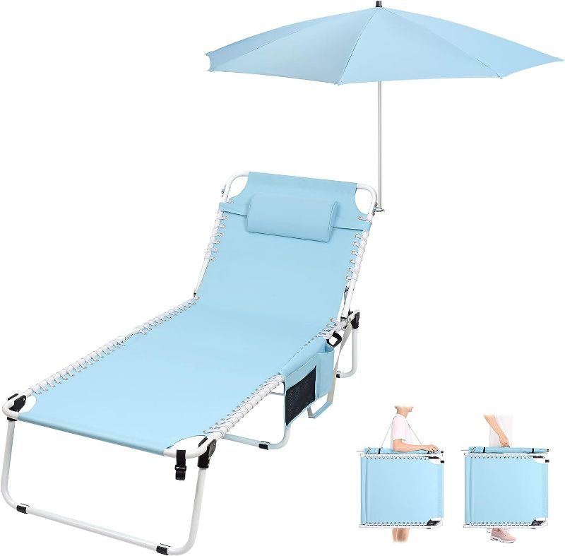 Photo 1 of (NO UMBRELLA )Oversized Heavy Duty Adjustable 5-Position Folding Beach Lounge Chair with UPF50+ Umbrella Canopy Shade Trifold Outdoor Chaise Lounge Chairs for Outside Patio Pool Lawn Poolside Sun Sunbathing Camping