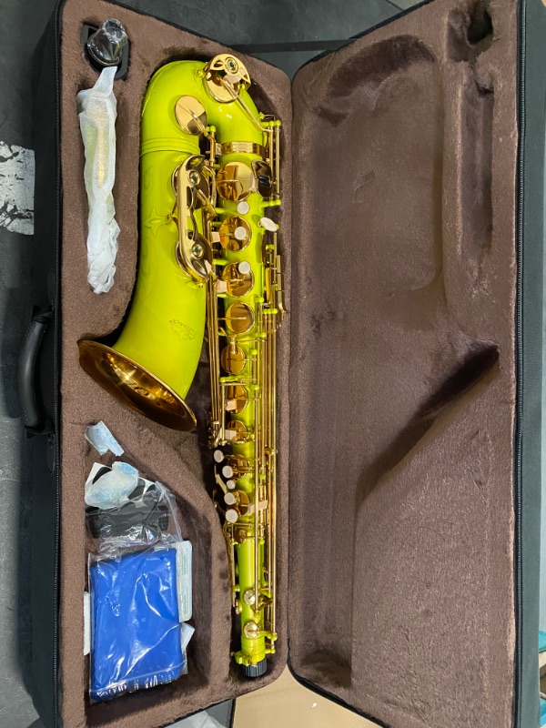 Photo 2 of EASTROCK Tenor Saxophone B Flat Sax Students Beginner Saxophone With Updated Carrying Case,Reeds,Cleaning Kit,Gloves,Neck Straps,Mouthpiece (Fluorescent Green/Yellow
