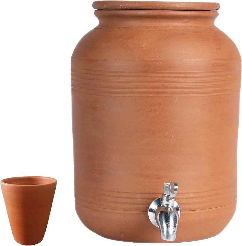 Photo 1 of Village Decor Handmade Earthen Clay Water Pot | Clay Beverage Dispenser with Stainless Steel Faucet and Clay Glass, Capacity 6000 ml / 202 oz