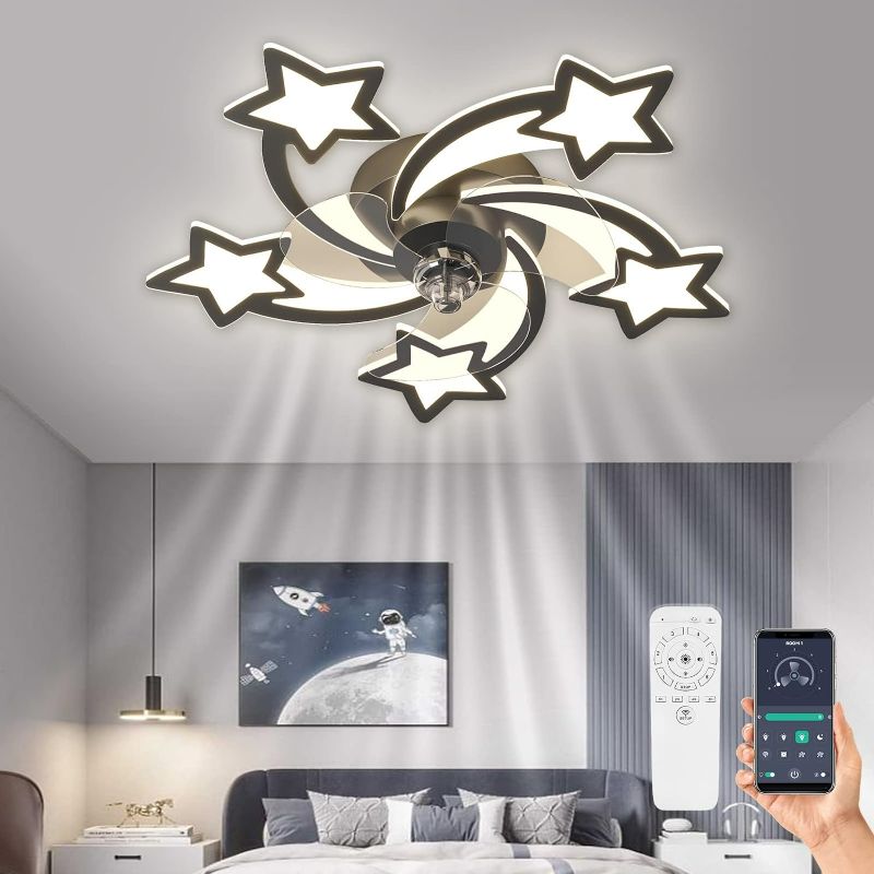 Photo 1 of LEEAGLEGRY 28" Black Ceiling Fans with Lights, Flush Mount Ceiling Fan with Remote, Low Profile Kid Ceiling Fan Modern Fandelier Dimmable LED Reverse for Kids Bedroom Living Dining Room