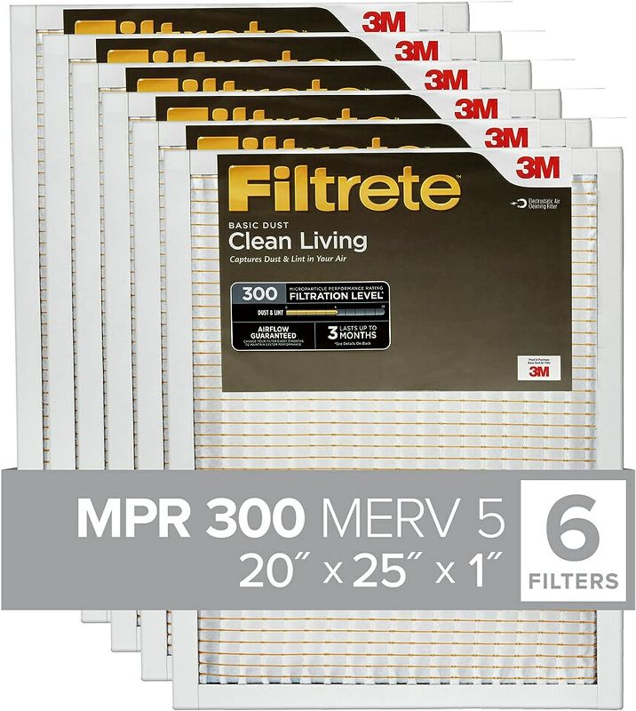 Photo 1 of Filtrete 20x25x1 Air Filter, MPR 300, MERV 5, Clean Living Basic Dust 3-Month Pleated 1-Inch Air Filters, 6 Filters