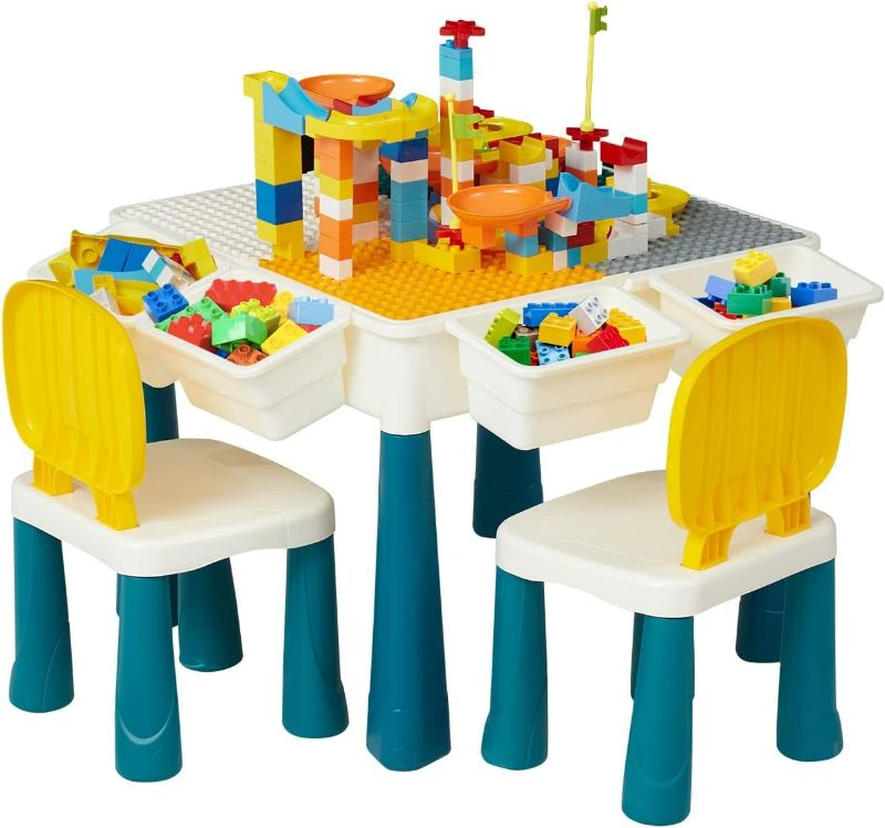 Photo 1 of Ide·o 7 In 1 Toddler Activity Table Set - Kids Table and Chair Set, Learning Play Water Sand Table with Storage, 160pcs Building Blocks Table Compatible with Classic Bricks for Boys Girls