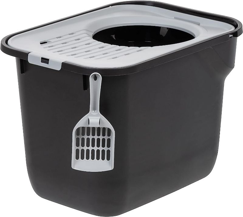 Photo 1 of IRIS USA Square Top Entry Cat Litter Box with Scoop, Large Kitty Litter Tray with Litter Catching Lid Less Tracking Dog Proof and Privacy Walls, Black/Gray