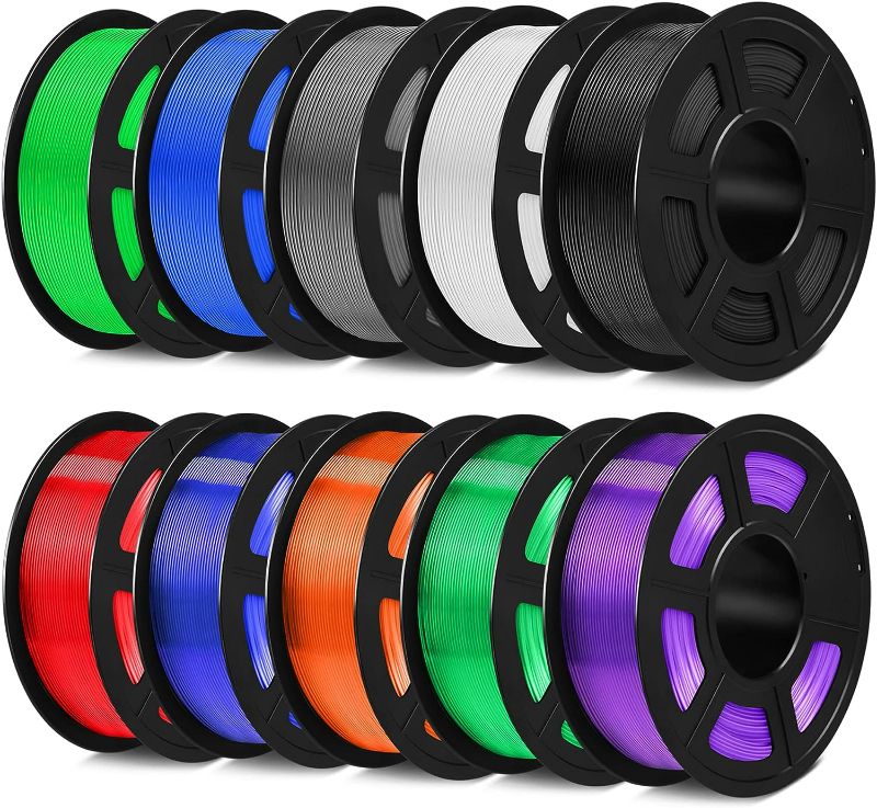 Photo 1 of SUNLU PLA Filament Bundle 1.75mm, 3D Printer Filament, Dimensional Accuracy +/- 0.02 mm,1kg Spool, (10 Rolls), Black+White+Grey+Blue+Green+Transparent (Purple+Green+Orange+Blue+Red)