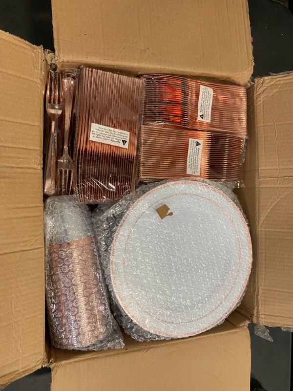 Photo 2 of FOCUSLINE 600 Piece Rose Gold Dinnerware Set 100 Guests, 100 Rose Gold Disposable Plates, 100 Salad Plates, 100 Knives, 100 Forks, 100 Spoons, 100 Cups- Rose Gold Plates Disposable Party Supplies