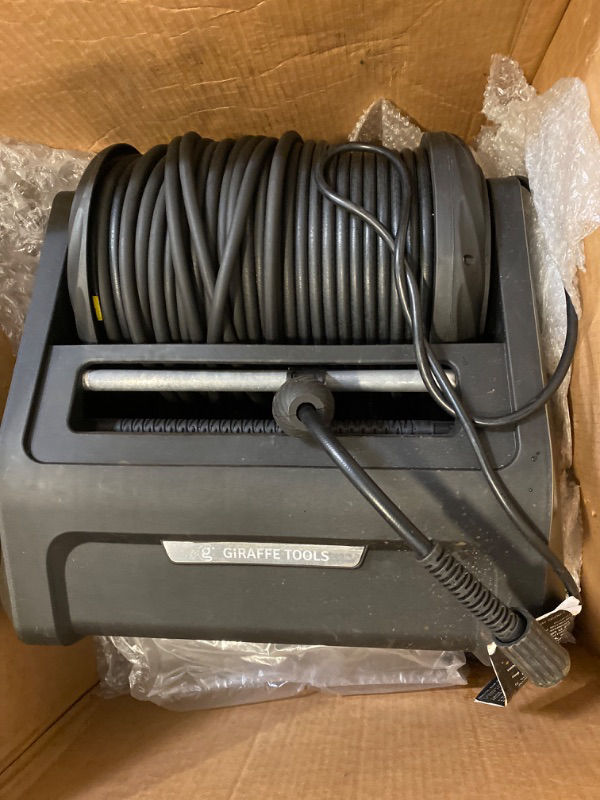 Photo 1 of Giraffe Tools Grandfalls Pressure Washer, Electric Wall Mounted Power Washer with 100FT Retractable Hose, Soap Tank and 4-Nozzle Set, Dark Silver