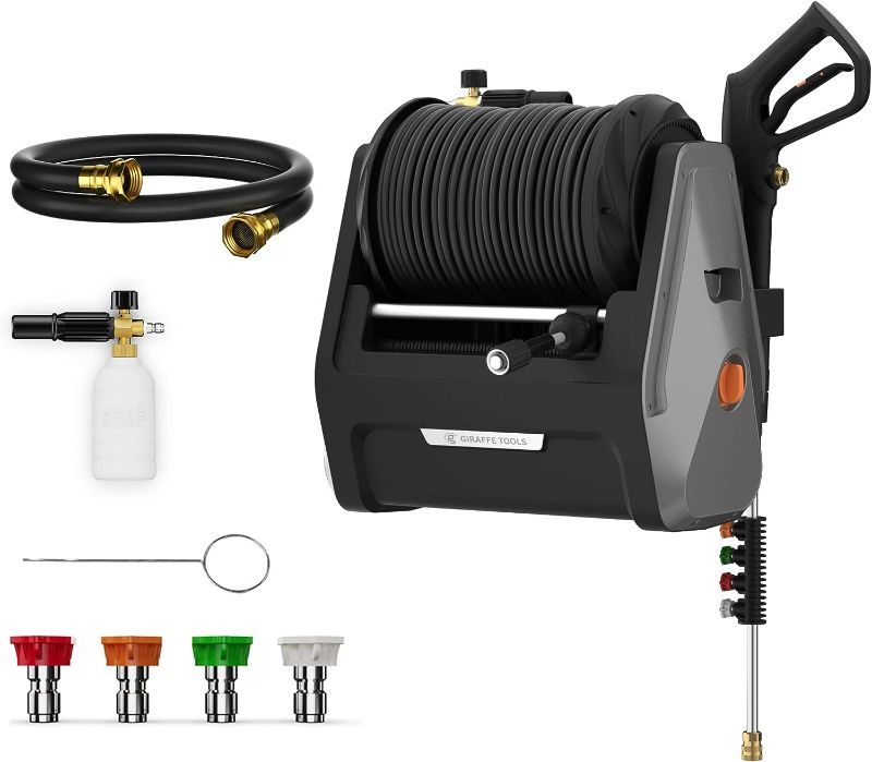 Photo 1 of Giraffe Tools Grandfalls Pressure Washer, Electric Wall Mounted Power Washer with 100FT Retractable Hose, Soap Tank and 4-Nozzle Set, Dark Silver