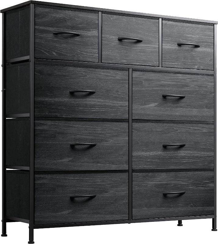 Photo 1 of WLIVE 9-Drawer Dresser, Fabric Storage Tower for Bedroom, Hallway, Nursery, Closet, Tall Chest Organizer Unit with Fabric Bins, Steel Frame, Wood Top, Easy Pull Handle, Charcoal Black Wood Grain Print
