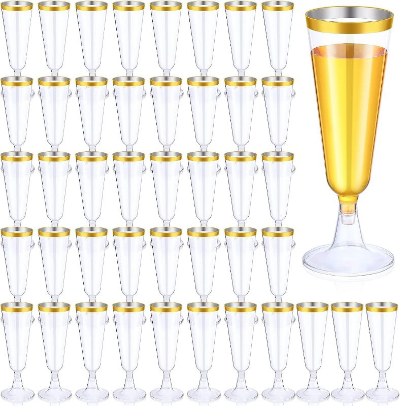 Photo 1 of Thenshop 50 Pcs Plastic Champagne Flutes 5.5 oz Clear Disposable Toasting Glasses Cocktail Cups with Rim Detachable Glasses for Wedding Party Birthday Anniversary Celebration (Gold, Clear)