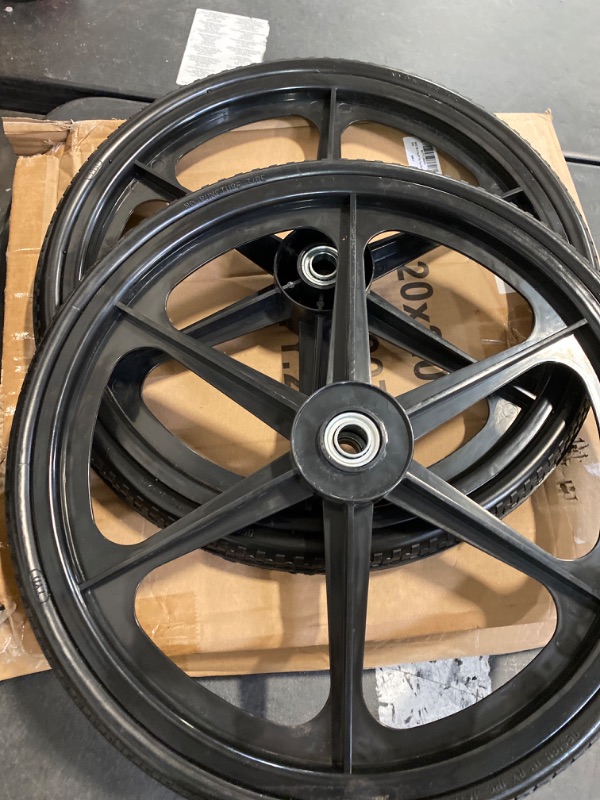 Photo 2 of BAIVE BW 2 Pcs 20" Flat Free Tires Polyurethane Non-inflated Tires Wheels, 20x2 Inch Tire with 3/4 Ball Bearings, 2.44" Centered Hub for Wheelbarrow, Garden Carts, Garden Trailers, Roofing Equipment 20x2/2PACK