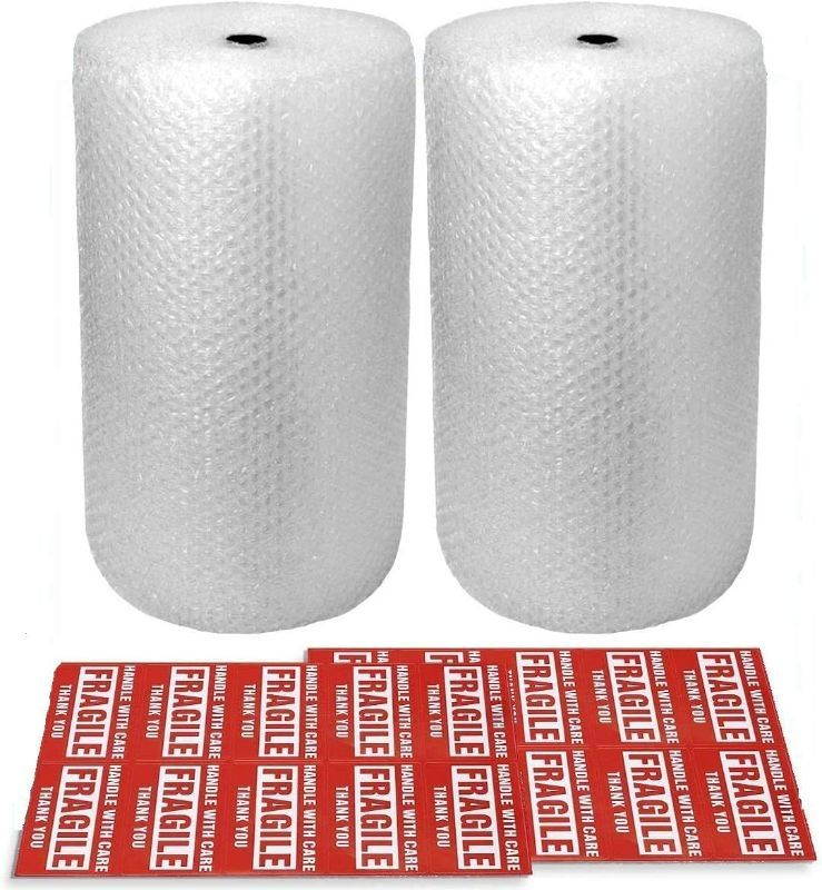 Photo 1 of 2-Pack Bubble Cushioning Nylon Wrap Rolls, 3/16" x 12" x 72' ft Total, Perforated Every 12", 20 Fragile Stickers for Packaging, Shipping, Mailing