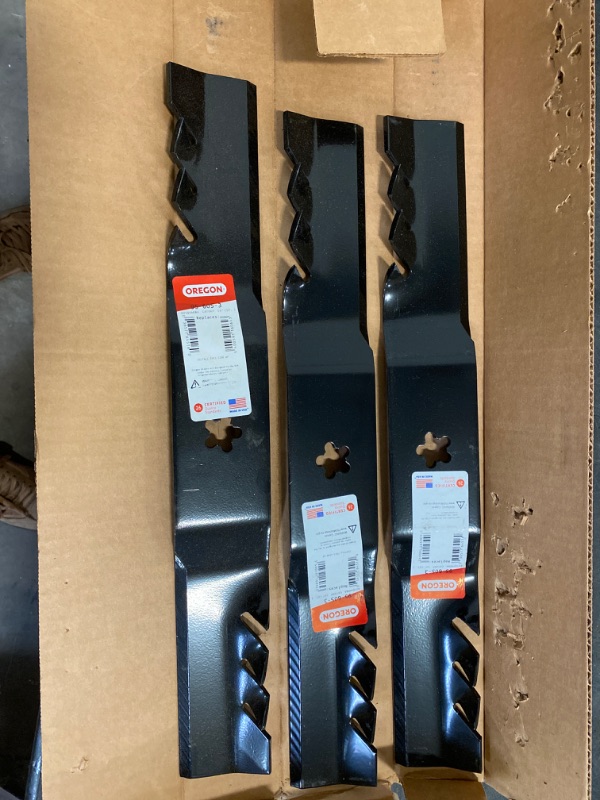 Photo 2 of Oregon Mower Blades, 3 Pack, Gator G3 Mulching Lawnmower Replacement Blades, 18-4/9" Length, 54" Deck (95-605-3) Set of 3