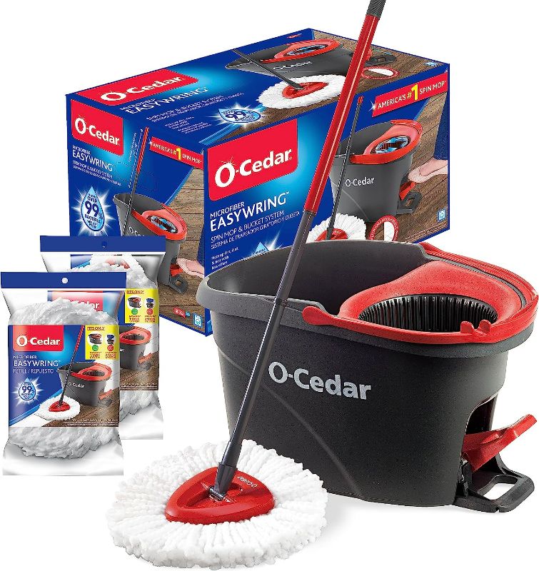 Photo 1 of O-Cedar EasyWring Microfiber Spin Mop & Bucket Floor Cleaning System + 2 Extra Refills, Red/Gray