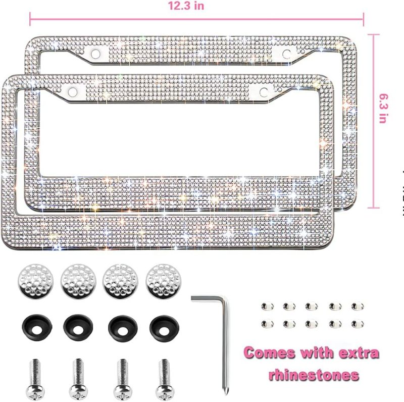 Photo 1 of OKLPF Bling License Plate Frame for Women, Sparkly Stainless Steel License Plate Frames| Over 1200 pcs 14 Facets Bedazzled Clear Glass Diamond Rhinestone Crystals w/Free Glitter Diamond Box (White)