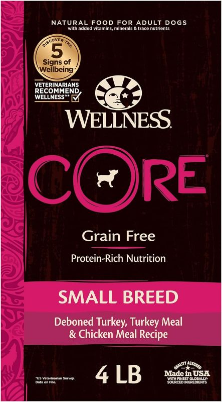 Photo 1 of Wellness CORE Grain-Free High-Protein Small Breed Dry Dog Food, Natural Ingredients, Made in USA with Real Meat (Adult, Turkey, 4-Pound Bag)