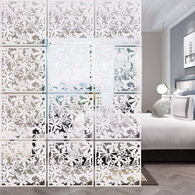 Photo 1 of 12 PCS Hanging Room Divider Flower Carving Pattern Panels Decorative Wall Screen Panel Hollow Out Design for Living Dining Room Kitchen Bedroom Office Bar Restaurant Home Hotel Decor - White