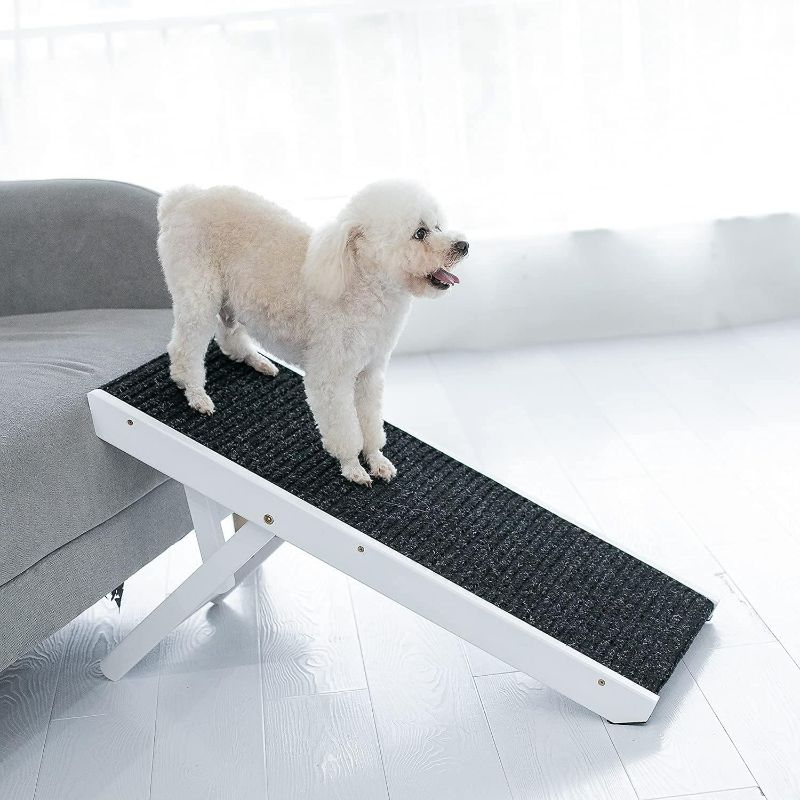 Photo 1 of MEWANG 19" Tall Adjustable Pet Ramp - Wooden Folding Portable Dog & Cat Ramp Perfect for Bed and Car - Non Slip Carpet Surface 4 Levels Height Adjustable Ramp Up to 90 Pounds - Small Dog Use Only