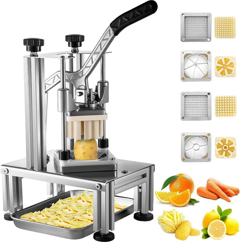 Photo 1 of VEVOR Commercial French Fry Cutter with 4 Replacement Blades, 1/4" and 3/8" Blade Easy Dicer Chopper, 6-wedge Slicer and 6-wedge Apple Corer, Lemon Potato Cutter for French Fries with Extended Handle