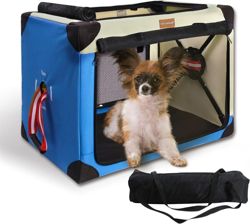 Photo 1 of Rolcheleego 26"x18"x18" 3 Door Quick Portable Collapsible Dog Crate,Soft Travel Pet Kennel with Soft Mat and Carrying Bag Suitable for Indoor and Outdoor,Medium( Beige Blue )